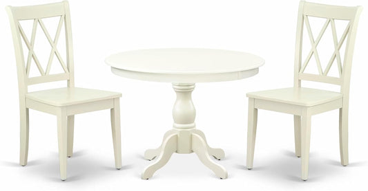 East West Furniture HBCL3-LWH-W 3 Piece Dinette Set for Small Spaces Contains a Round Dining Table with Pedestal and 2 Dining Chairs, 42x42 Inch, Linen White