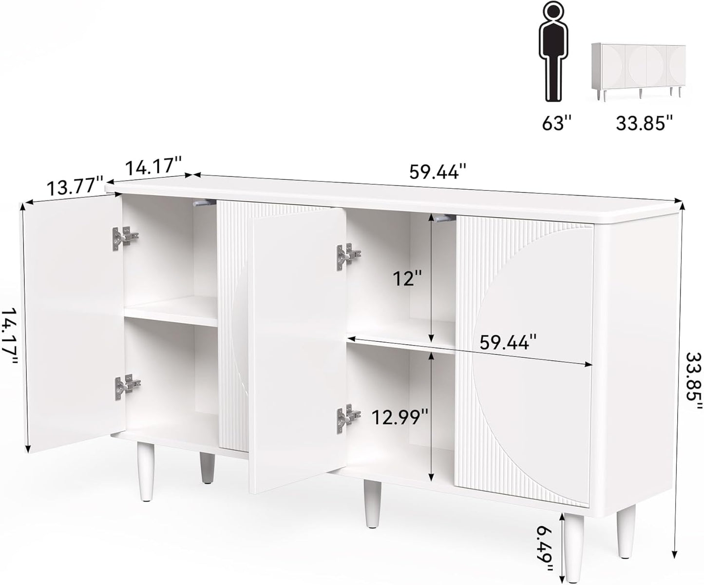 LITTLE TREE 59-Inch Buffet Cabinet Sideboard with Storage, Modern Sideboard Buffet Table with Doors for Living Room, Dining Room (White)