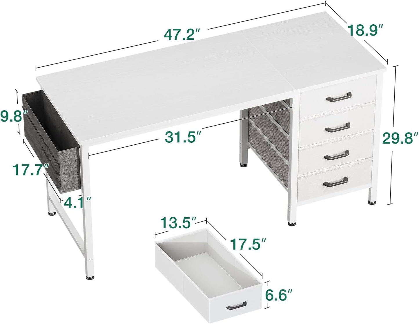 Casaottima 48-Inch Computer Desk with 4 Fabric Drawers — Home Office Desks with Storage, Writing Desk with Side Hook and Cloth Bag, Modern Study/Work Table for Bedroom and Small Space, White