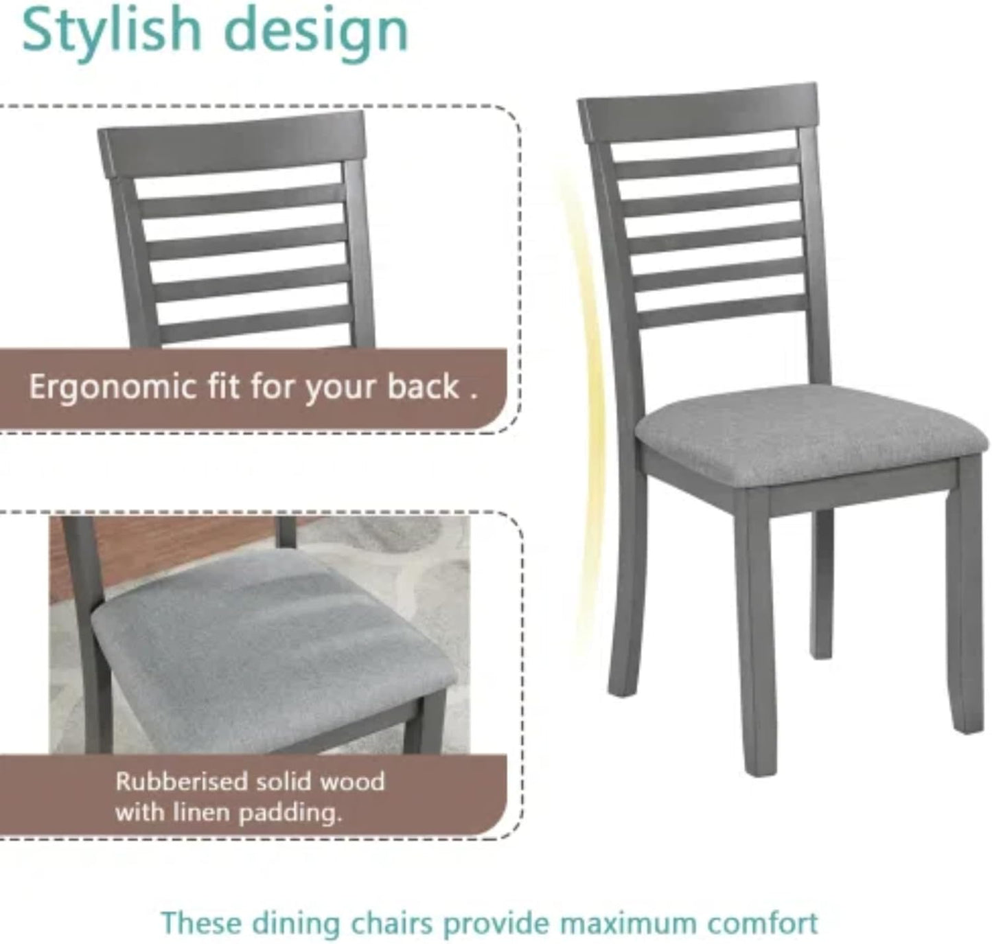 5-Piecern Dining Table Set, Kitchen Set with One Rectangular Table and 4 Upholstered Chairs, Living Room Chairs with Ladder Backrest and Comfortable Seat Cushion, Wooden Dining Furniture, Gary