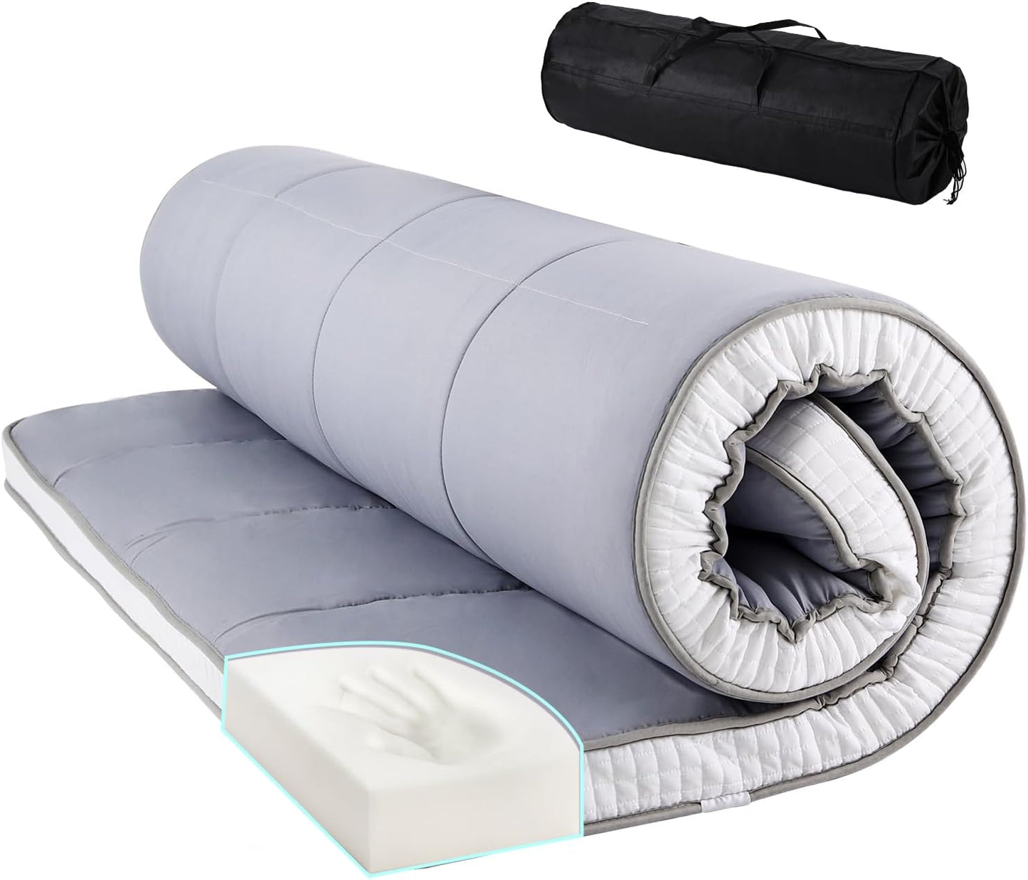 Tiita Floor Mattress Memory Foam Mattress Topper, 4" Thicken Futon Mattress with Storage Bag and 2 Straps, Portable Roll Up Travel Car Camping Mattress Sleeping Pad Full Size, Grey