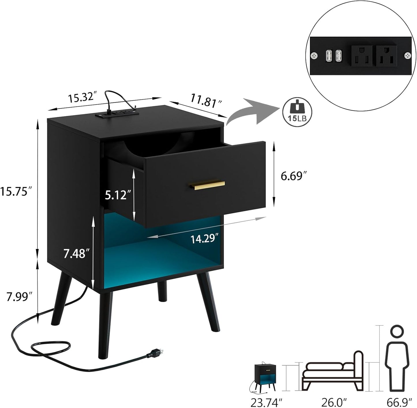 Nightstand with Charging Station and LED Lights, Small Side Table, Bedside Table with Drawer, Modern Night Stand, End Table for Bedroom, Living Room (Black)