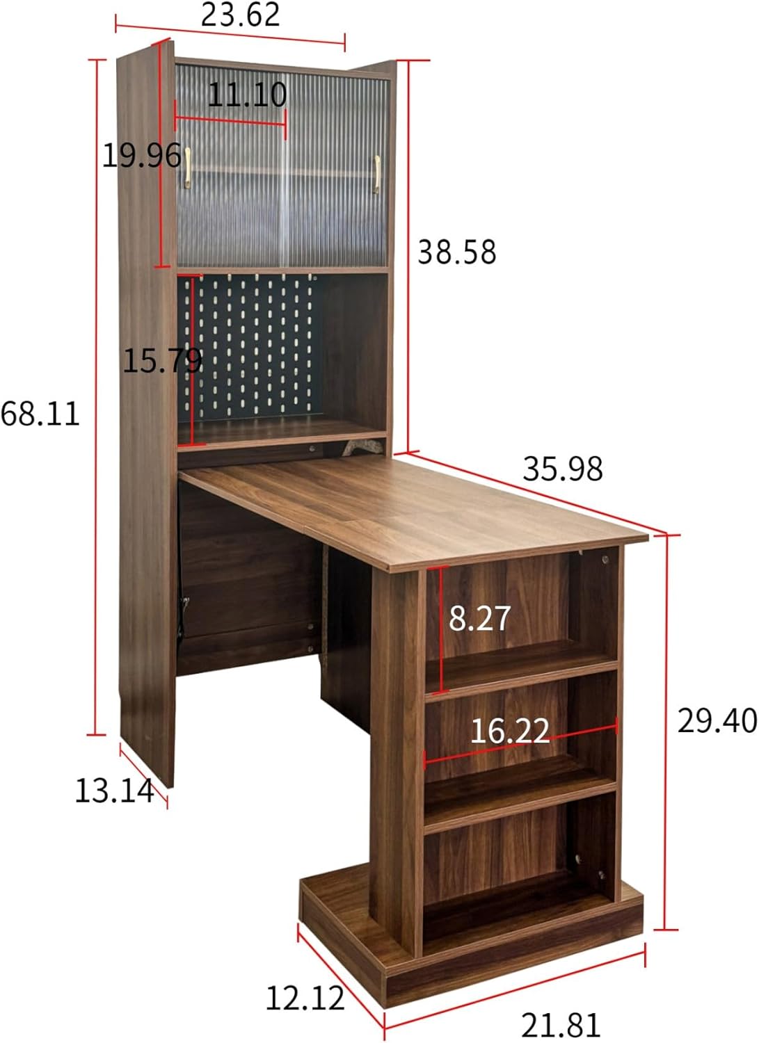 KEIKI Folding Home Office Desks with Pegboard, Glass Doors, Bookshelf & Storage Shelves, Modern Wooden Computer Table Workstation for Work, Study, Writing