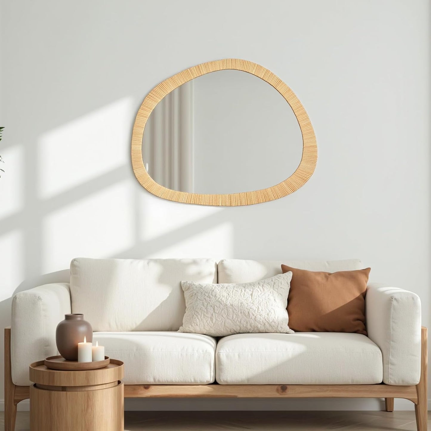 H HOMEWINS Rattan Mirror for Wall,31.5'' x 25.2" Wooden Framed Farmhouse Boho Wicker Coastal Irregular Vanity Mirror for Bathroom Living Room Entryway