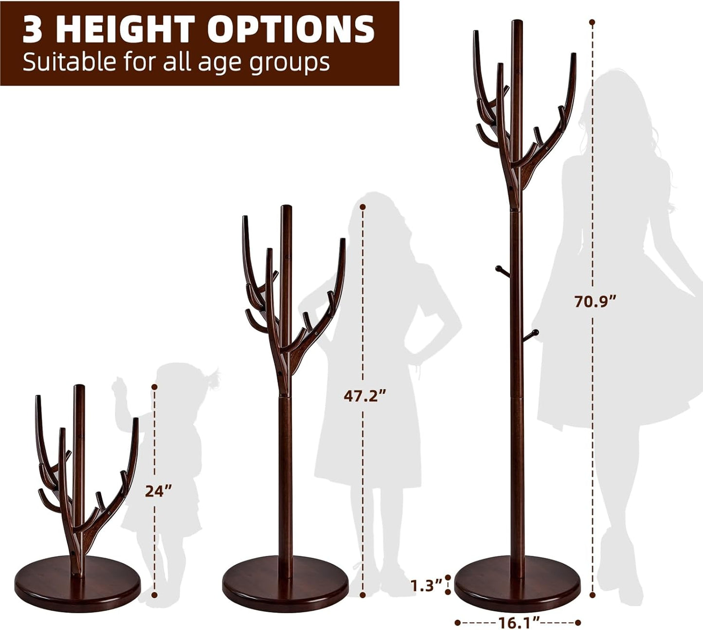 Uniclinens Coat Rack Freestanding Solid Wood Coat Tree Standing with 12 Hooks, Coat Rack Stand Creative Tree Branch-look (Dark Walnut)