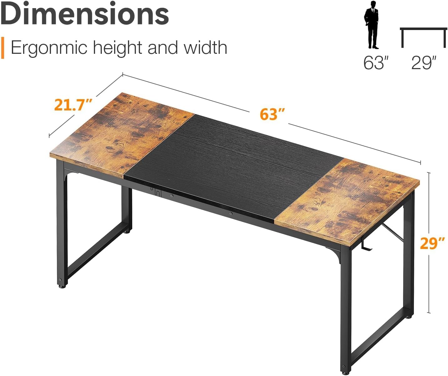 Coleshome 63 Inch Computer Desk, Modern Simple Style Desk for Home Office, Study Student Writing Desk, Vintage and Black