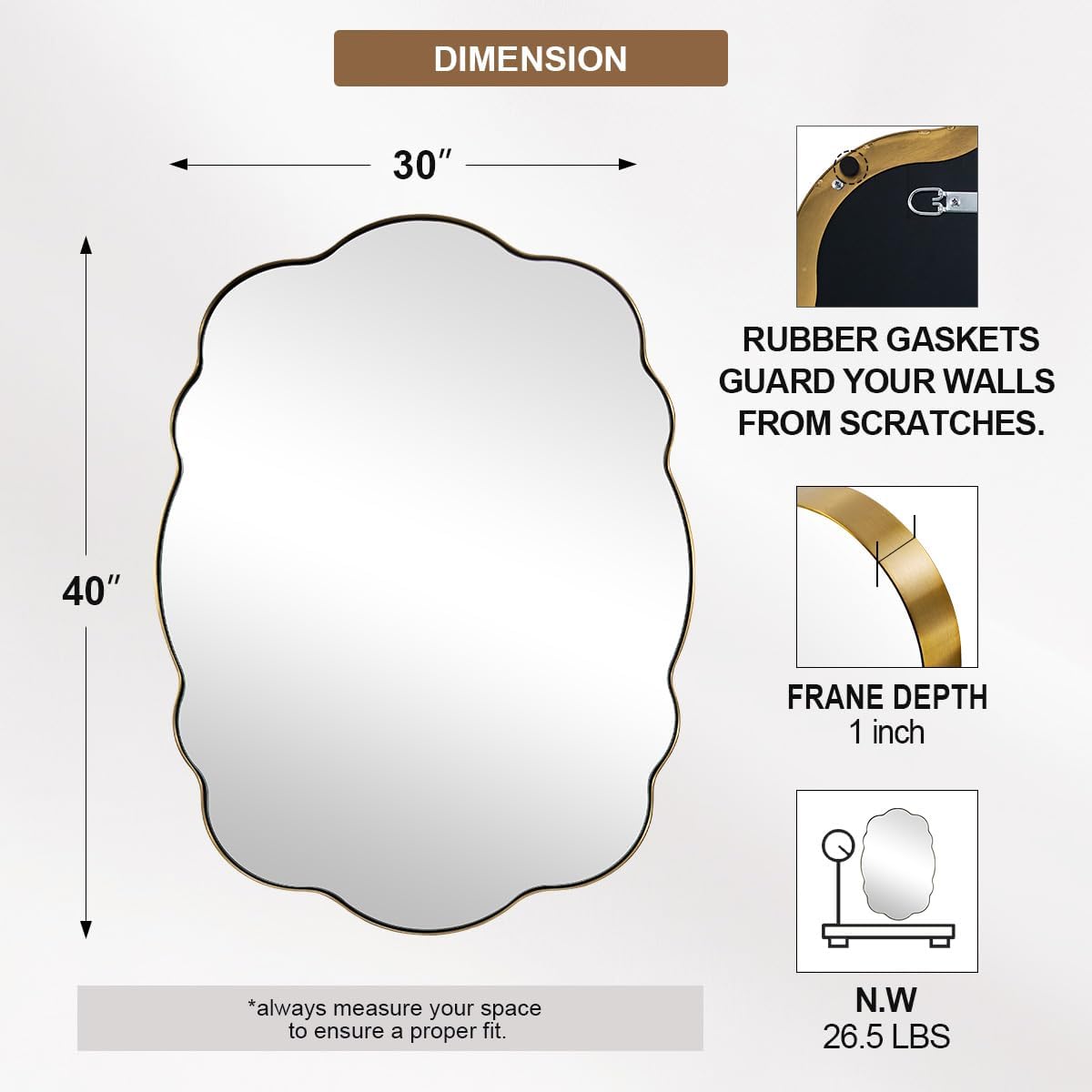 ANDY STAR Oval Bathroom Mirror, 30x40 Inch Scalloped Wall Mirror, Modern Brushed Gold Wavy Mirror, Anti-Rust Brass Metal Mirror for Bathroom Hang Vertical or Horizontal