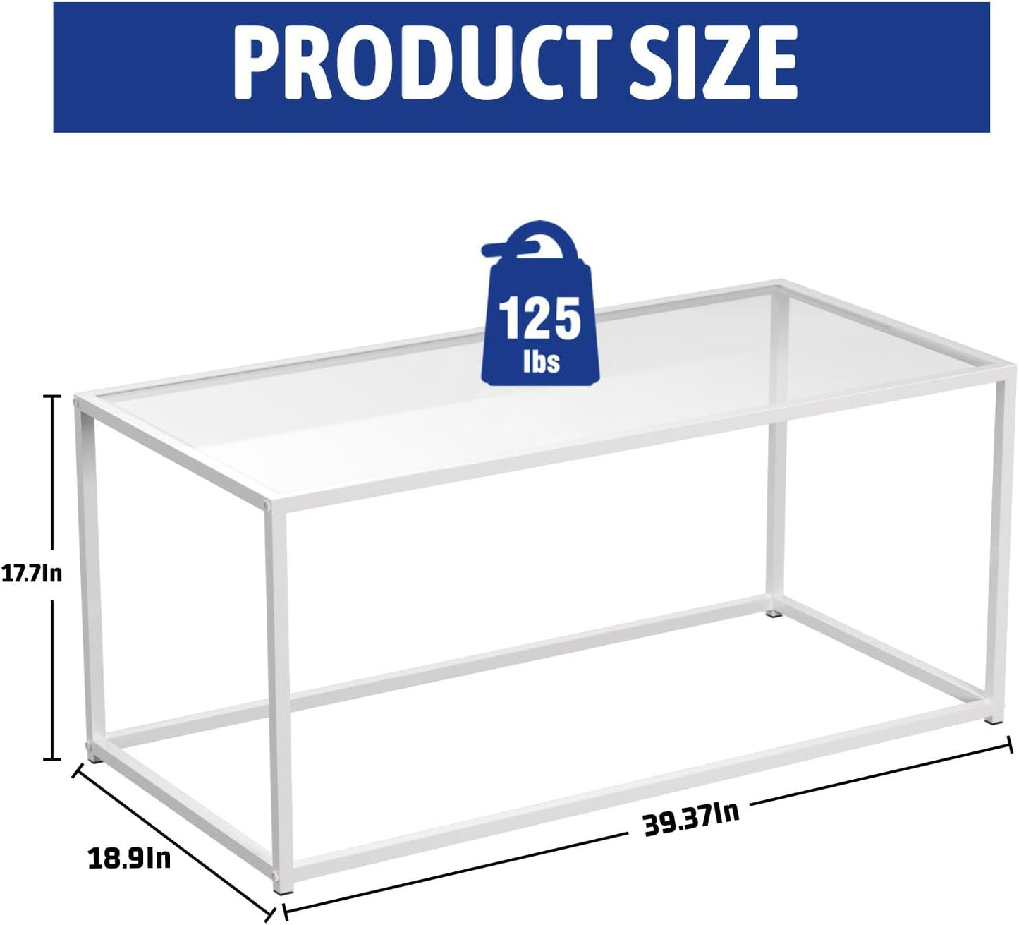 Coffee Table Glass Center Table,Modern Minimalist Coffee Table for Living Room,Tempered Glass-top with Sturdy Metal Frame, Easy Assembly,39.4 x 18.9 x 17.7 Inches,White