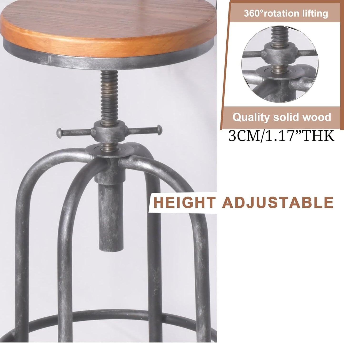 LOKKHAN Industrial Bar Stool-Adjustable Swivel Round Wood Metal Kitchen Stool-26-32.3 Inch-Rustic Farmhouse-Counter Height Extra Tall Bar Height Stool-Arc-Shaped Backrest,Welded,Set of 2