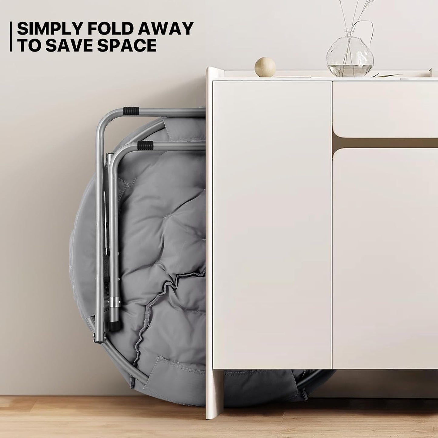 MoNiBloom Round Folding Saucer Chairs Set of 2 for Bedroom Living Room Dorm Foldable Metal Frame Comfy Soft Lounge Lazy Cozy Moon Chairs for Teens (Grey)