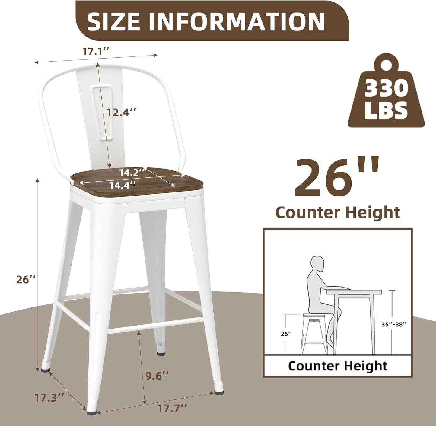 26” Swivel Bar Stools Set of 4, Counter Height Bar Stools Wooden Seat, Metal Industrial Bar Chairs with High Back for Kitchen Island (White)