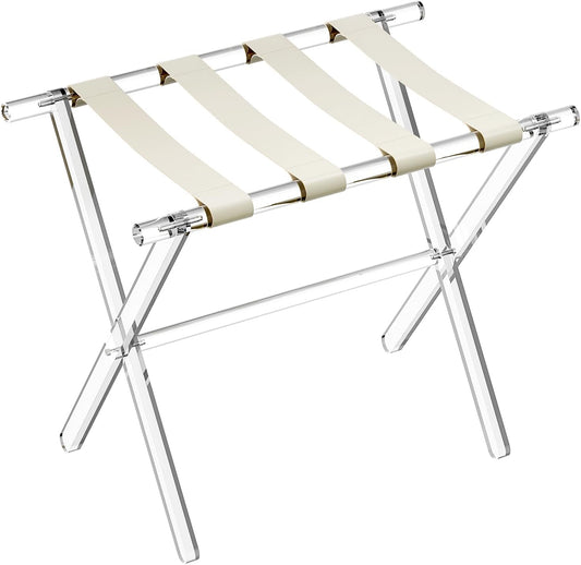 Sumerflos Acrylic Luggage Rack for Guest Room - Foldable Suitcase Stand with Leather Straps for Bedroom Living Room Hotel Heavy-Duty, Holds up to 50-100 lb lightweight Space Saving (Beige & Handle - 1 Pcs)