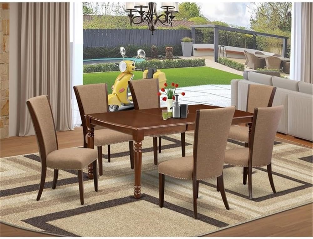East West Furniture DOVE7-MAH-47 7 Piece Dining Table Set Consist of a Rectangle Butterfly Leaf Kitchen Table and 6 Light Sable Linen Fabric Parsons Chairs, 42x78 Inch, Mahogany