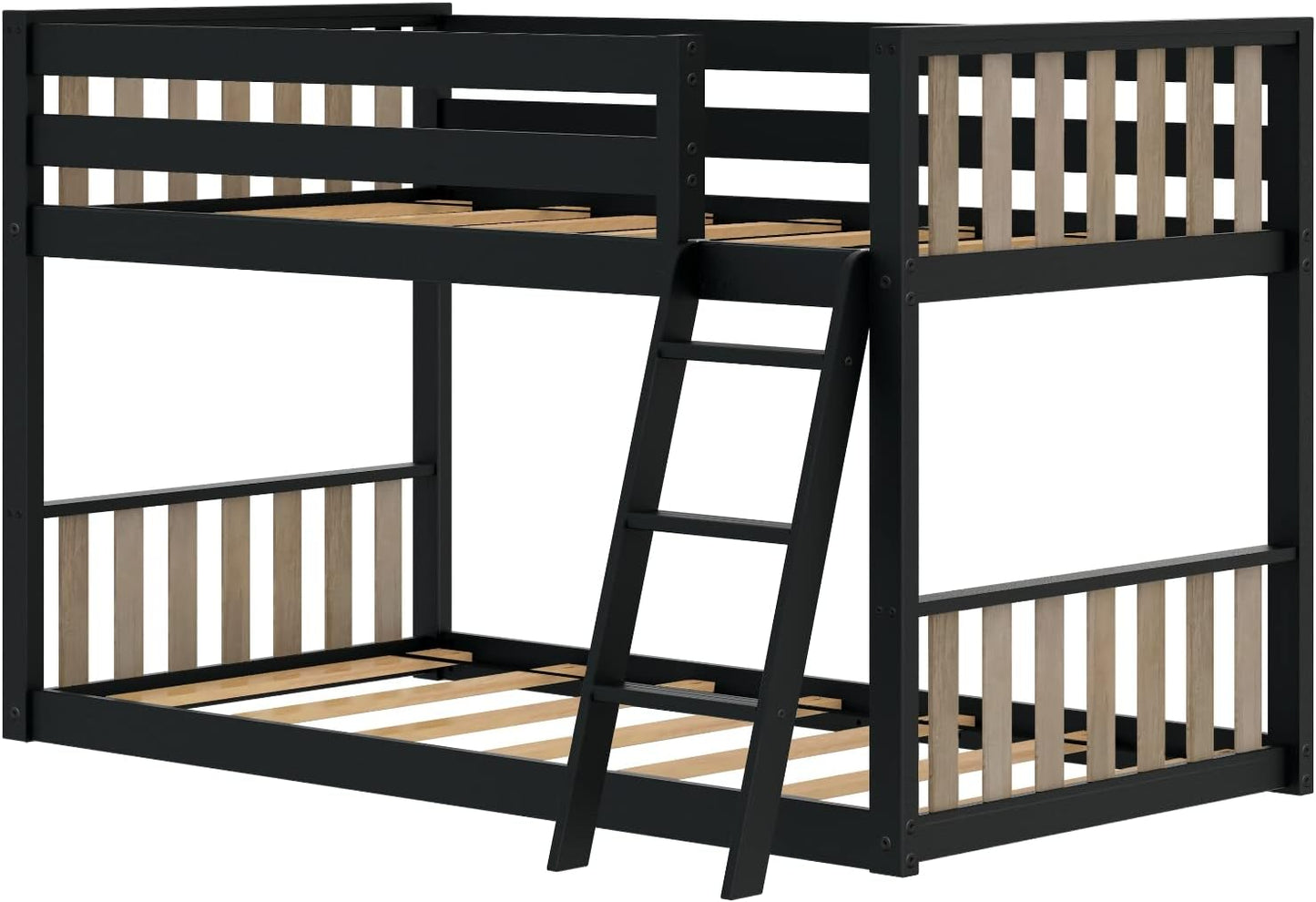 Max & Lily Low Bunk Bed, Scandinavian Modern Bunk Bed, Solid Wood Twin-Over-Twin Bed Frame for Kids, No Box Spring Needed, Black/Blonde