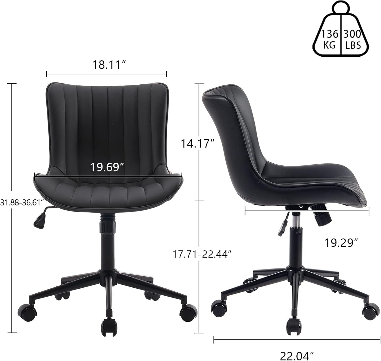 YOUNIKE Black Compact Home Office Desk Chair with Wheels Comfy Armless Cute Vanity Chair with Adjustable Rocking Back Modern Leather Upholstered Rolling Swivel Small Task Drafting Sewing Chair