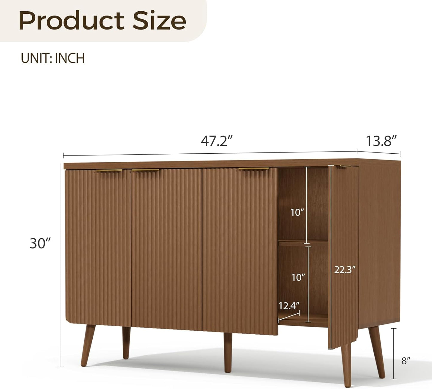 Fluted Buffet Cabinet – Modern Wood Sideboard with 4-Doors & Shelves, Multifunctional Storage Cabinet & Credenzas for Entryway, Dining & Living Room, Black