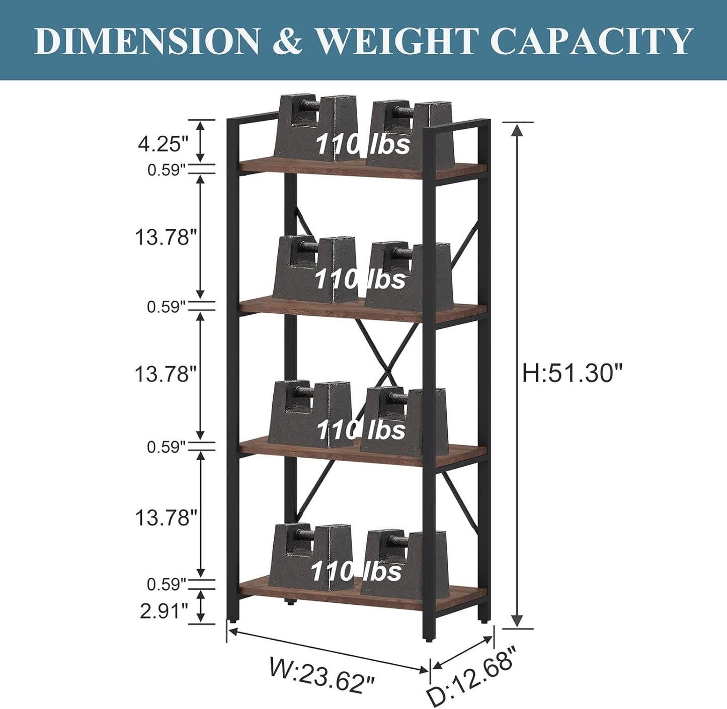 BON AUGURE Industrial 4 Tier Bookshelf, Modern Open Etagere Bookcase, Wood Metal Vintage Shelving Unit for Office Bedroom and Living Room, Heavy Duty Book Shelf (Rustic Oak)