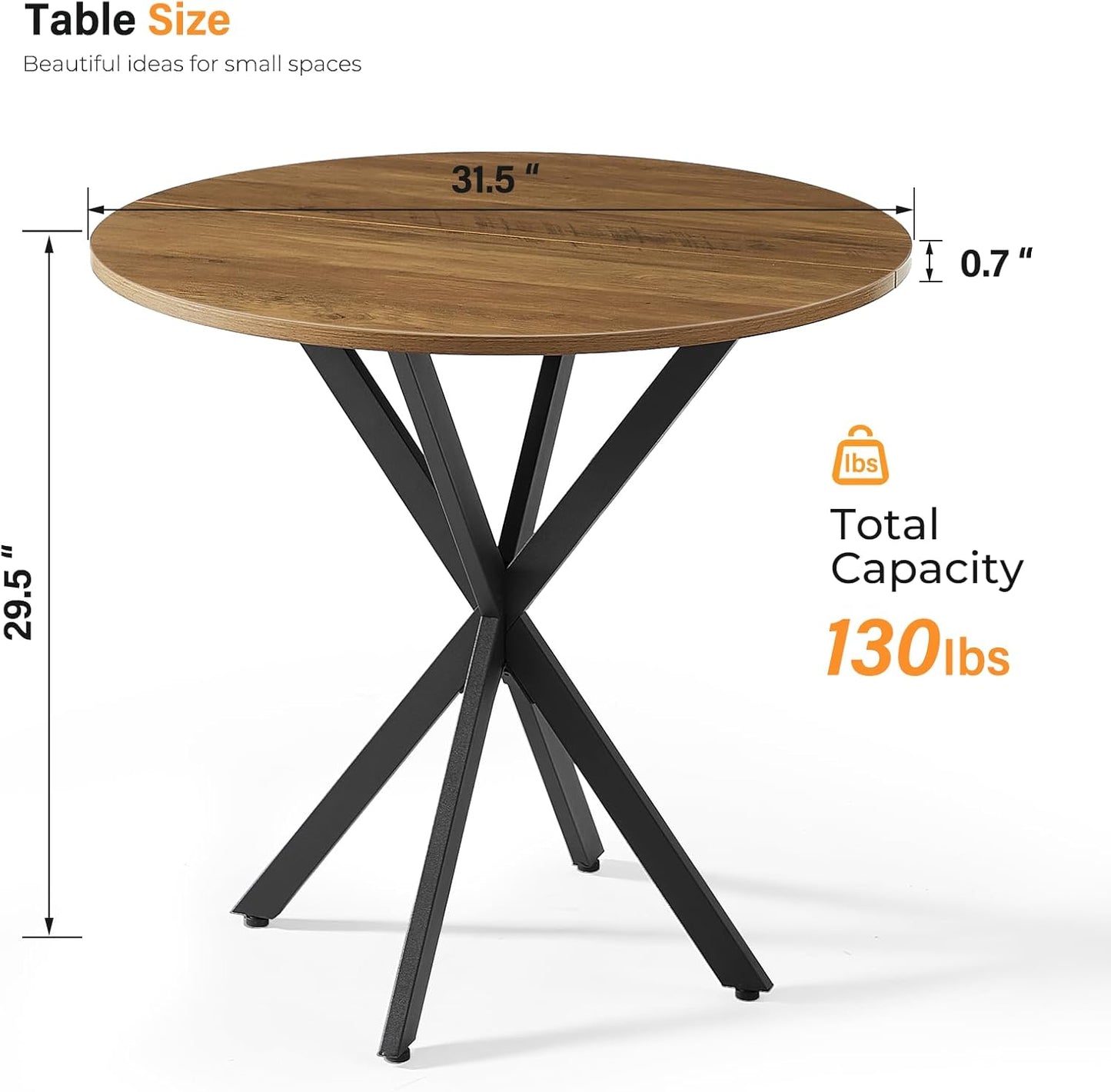 Unovivy 31.5" Small Round Dining Table for 2-4, Space Saving Circle Kitchen Dinner Table, Industrial Mid Century Modern Dining Room Desk for Kitchen, Apartment, Light Brown