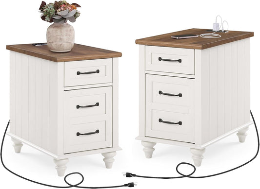 WAMPAT 2 Pack Off White End Table with Charging Station, Wood Side Sofa Table with Drawer and Storage Cabinet, Modern Nightstand with Power Outlets & USB Ports for Living Room, Bedroom