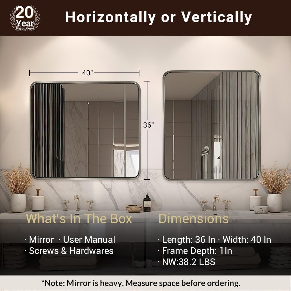 ANDY STAR 40x36 Inch Brushed Nickel Bathroom Mirror, Rounded Rectangle Bathroom Vanity Mirrors for Wall, Anti-Rust SUS304, Seamless Tube Metal Frame, 1’’ Deep Wall Mounted Vertically/Horizontal