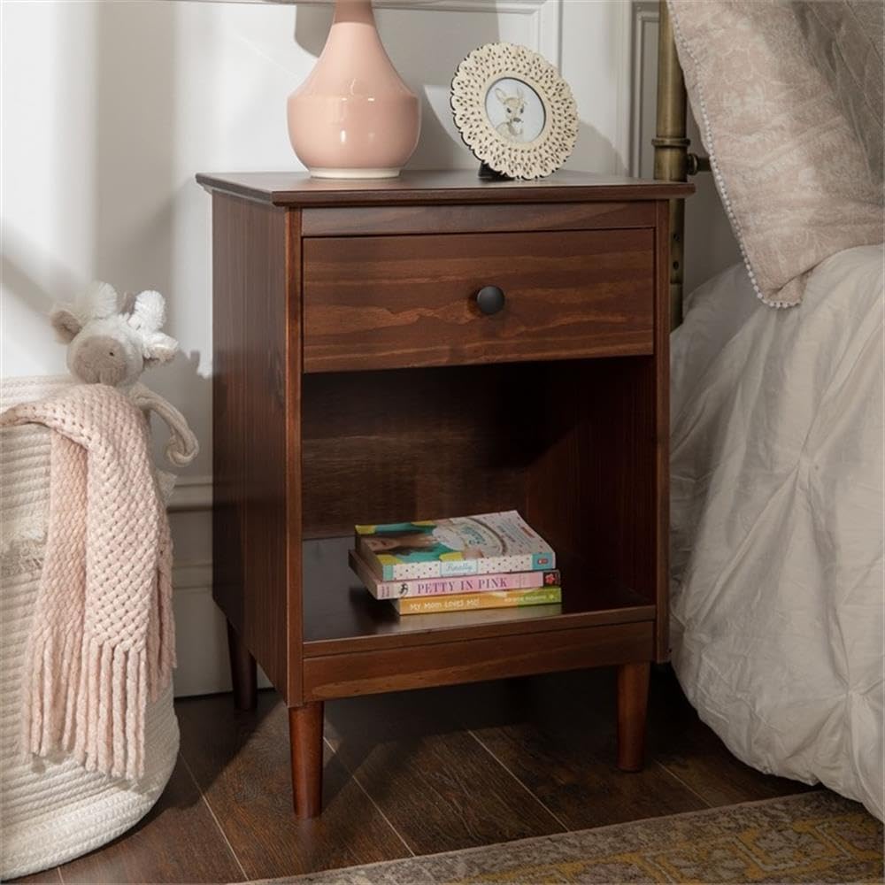Walker Edison Traditional Wood 1 Drawer Nightstand Side Table Bedroom Storage Drawer and Shelf Bedside End Table, 18 Inch, Walnut