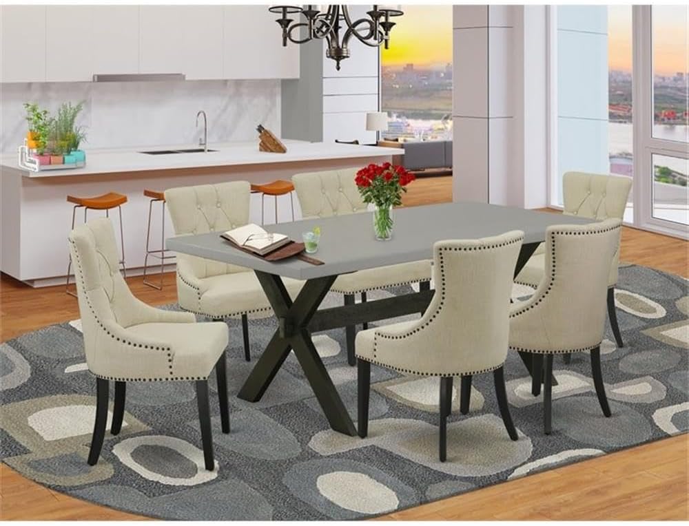 East West Furniture X697FR102-7 7 Piece Dinette Set Consist of a Rectangle Dining Room Table with X-Legs and 6 Light Beige Linen Fabric Parson Dining Chairs, 40x72 Inch, Multi-Color