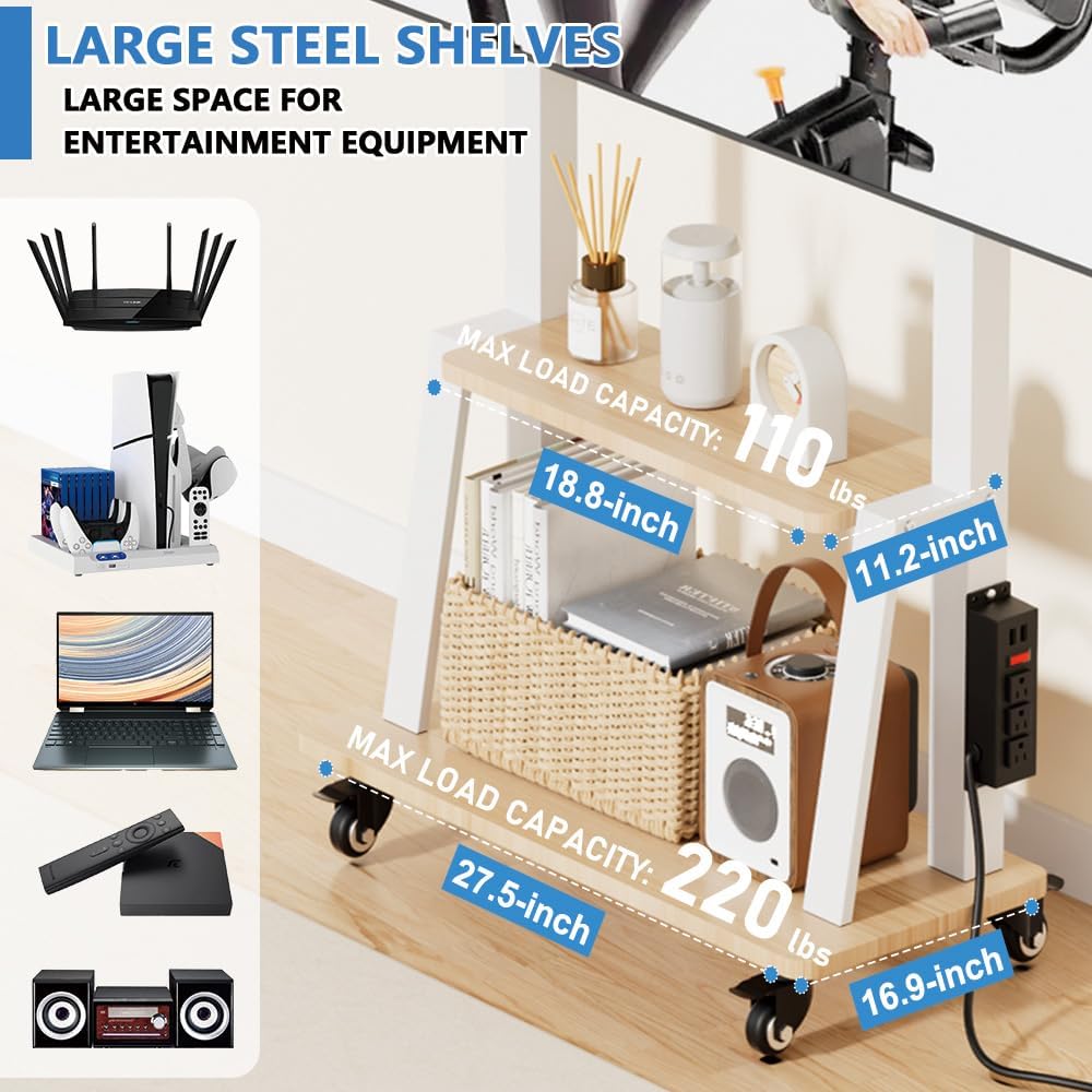 Mobile TV Stand with Power Outlet, Wood Shelf Portable TV Stand on Wheels for 32 to 55 65 70 75 inch Television, Height Adjustable White TV Cart, Holds up to 130LBS, Vesa 600×400mm.