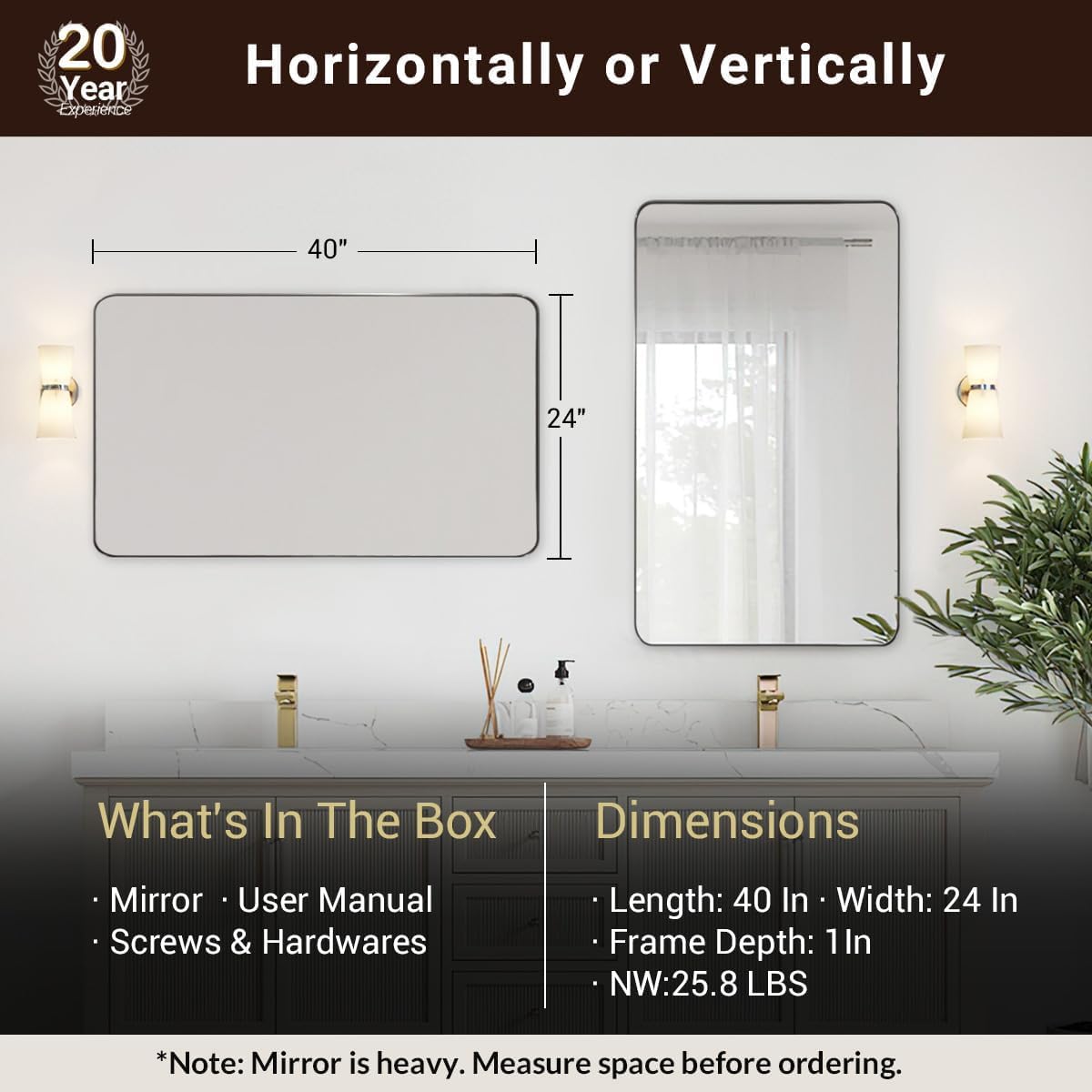 ANDY STAR Chrome Bathroom Mirror, 24”x40” Polished Nickel Rounded Corner Rectangle Mirror, Modern Metal Frame Bathroom Vanity Mirror