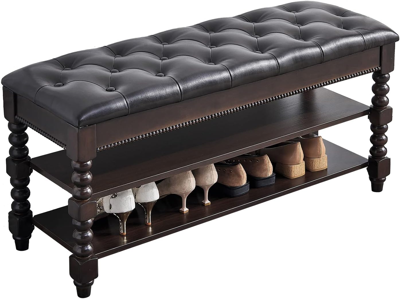 Shoe Storage Bench, Entryway Shoe Rack with Leather Seat 2-Tier Lift-top Organizer Wooden Bench for Foyer Bedroom Living Room Accent Furniture (39.4'')