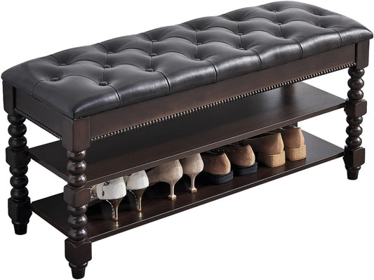 Shoe Storage Bench, Entryway Shoe Rack with Leather Seat 2-Tier Lift-top Organizer Wooden Bench for Foyer Bedroom Living Room Accent Furniture (39.4'')