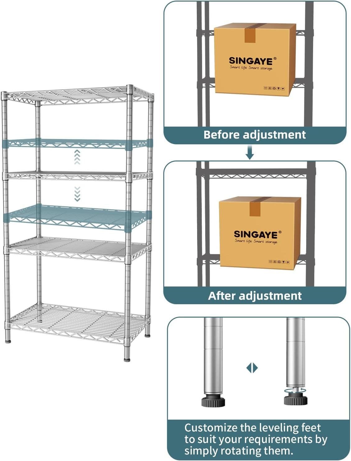 SINGAYE 4 Shelves Adjustable Storage Shelf Wire Shelving Rack Bathroom Standing Units Laundry Room Organization for Kitchen Office Bathroom Organizers Metal Pantry 14" D x 24" W x 48" H Gray
