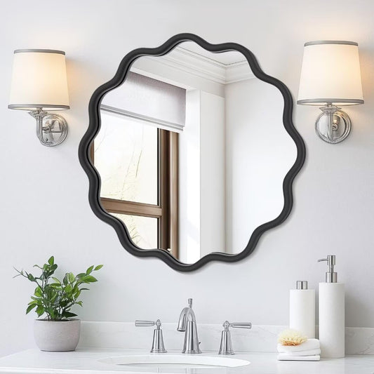 PROHOMEWARE Black Round Mirror 20 Inch Wavy Bathroom Vanity Mirror Black Frame Modern Wall Mirror Decorative Wall-Mounte Anti-Rust, Tempered Glass