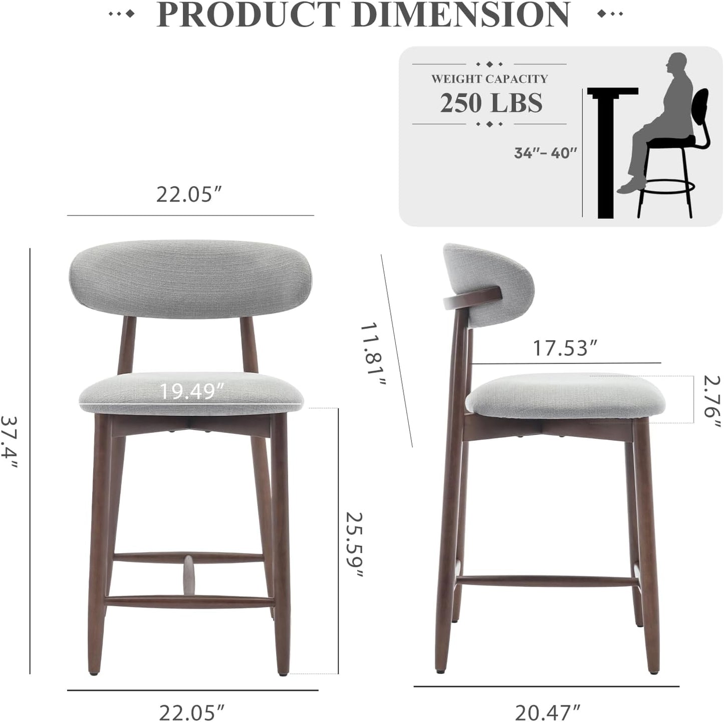 COLAMY Bar Stools Set of 4, Counter Height Bar Stools, Upholstered Counter Stools with Wood Legs for Kitchen Island Dining Room Bar, Light Grey