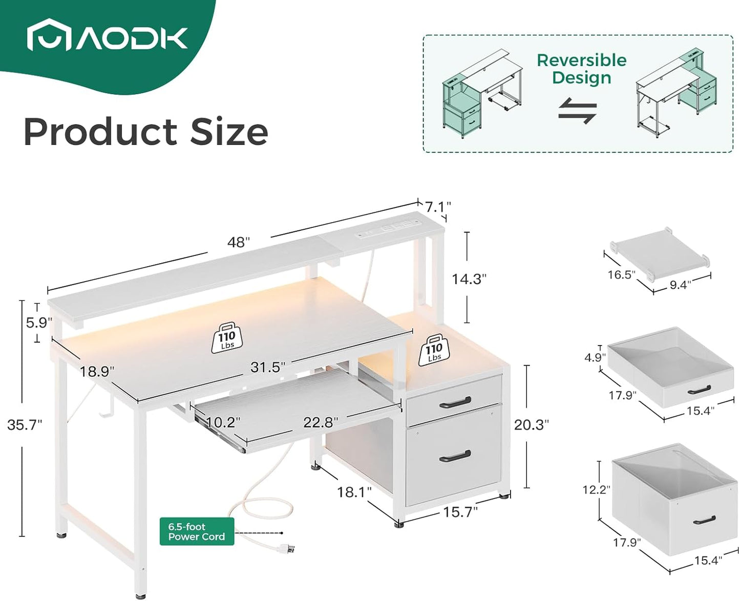 AODK Computer Desk with Drawers and Keyboard Tray, 48" Office Desk with Power Outlet and LED Lights, Reversible Study Work Desk with Printer Shelf and PC Stand for Home Office, White