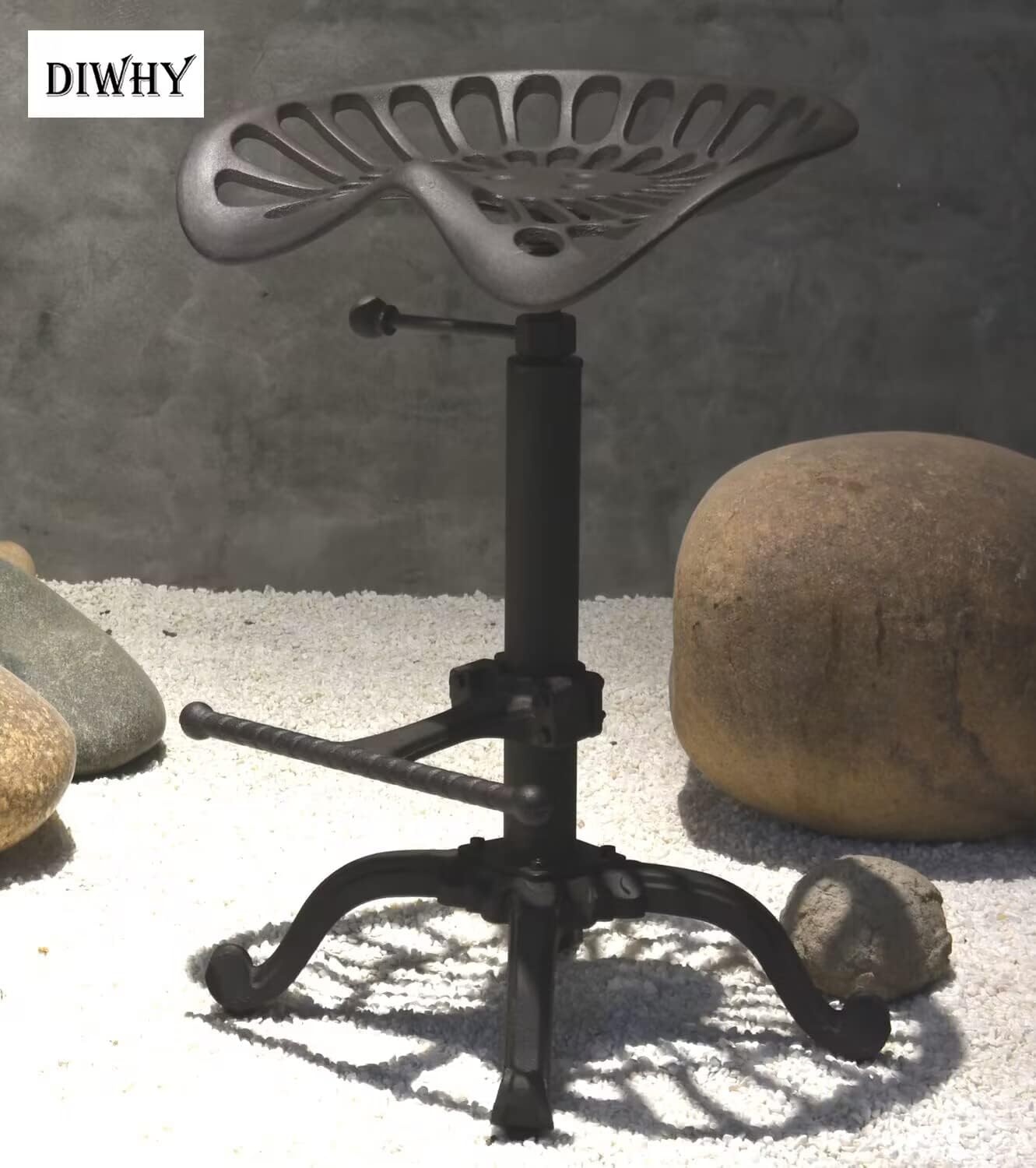 Diwhy Rustic Industrial Farmhouse Tractor Seat Adjustable Bar Stool Industrial bar Chair (Silver, Cast Iron)