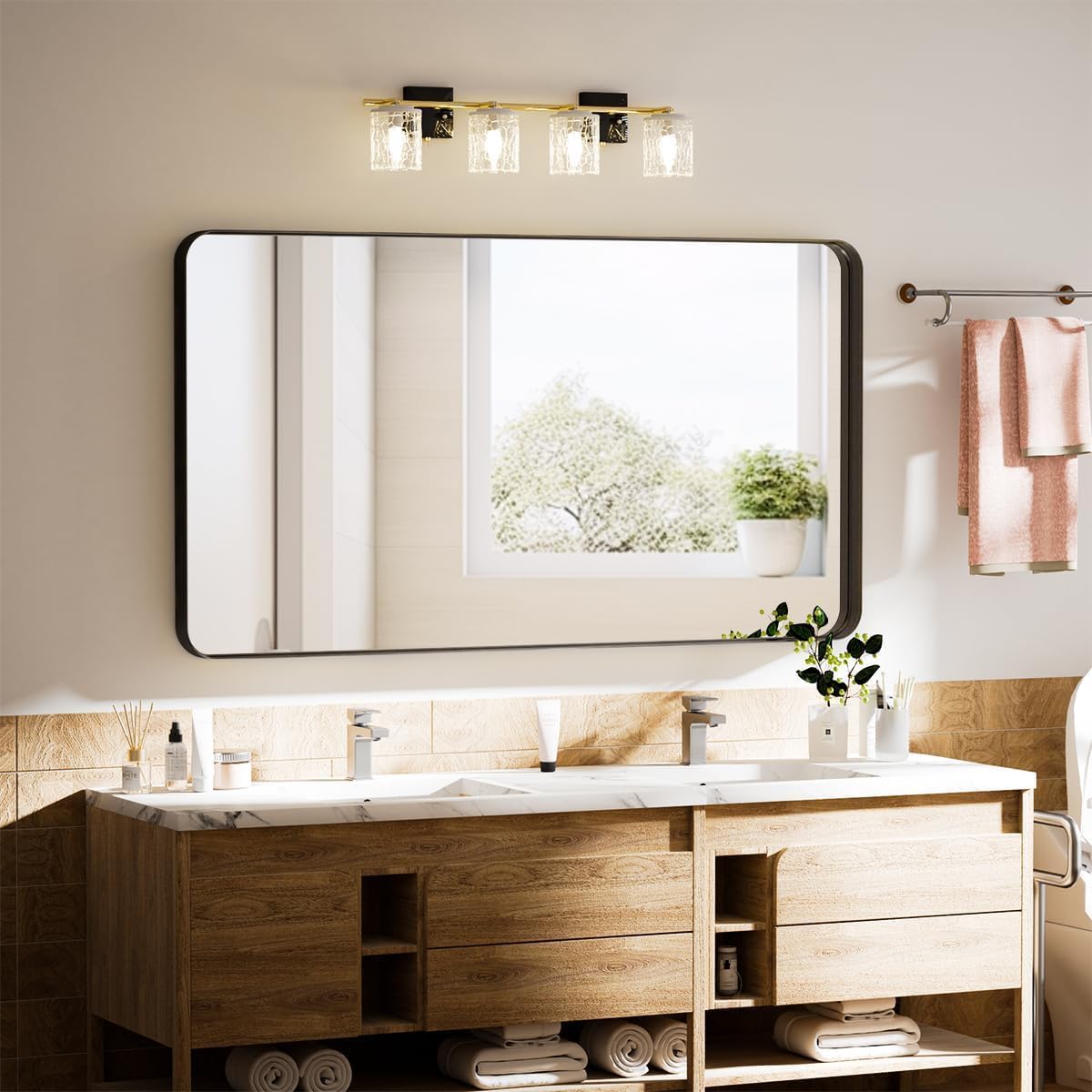 Koonmi Black Bathroom Mirror for Wall, 30x40 Inch Matte Metal Deep Framed Rounded Corner Wall Mirror, Shatterproof Tempered Glass for Farmhouse Bedroom Entryway, Vertically or Horizontally