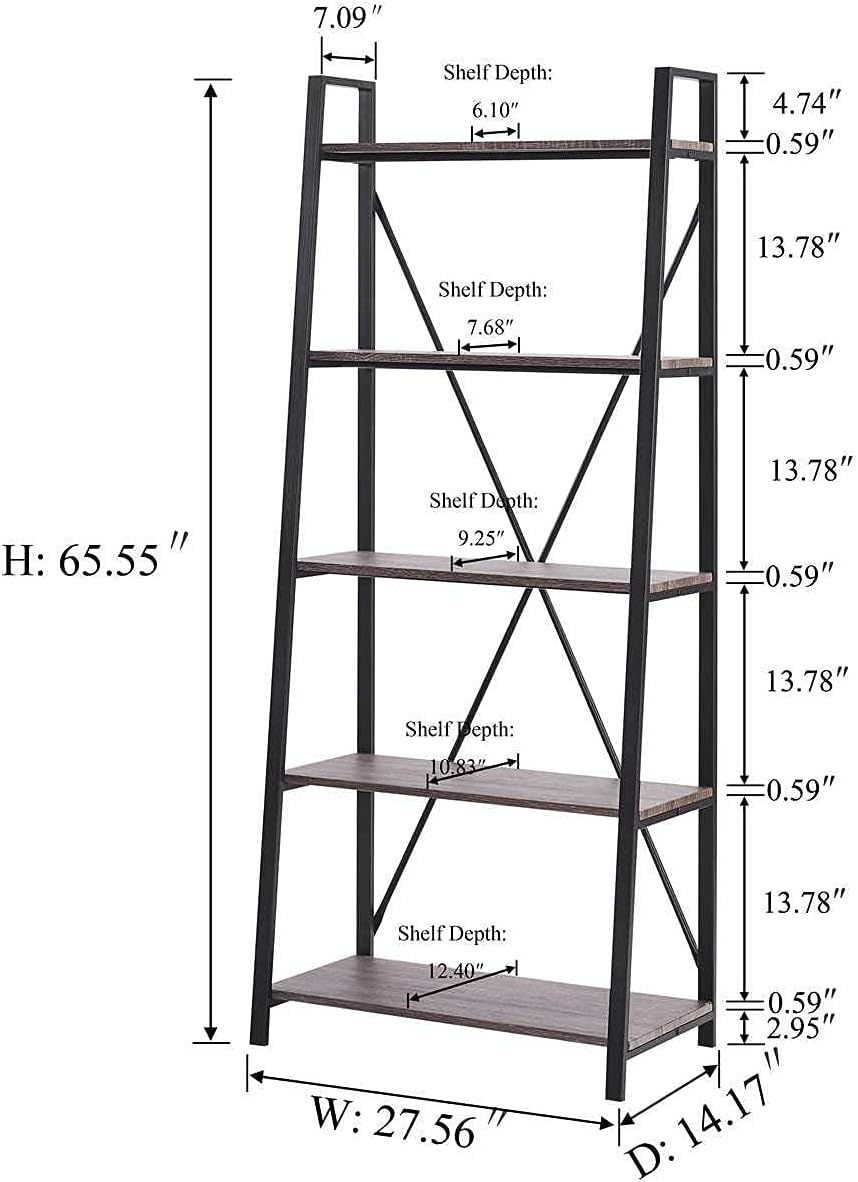 BON AUGURE 5-Tier Ladder Shelf, Industrial Leaning Bookcase, Wood and Metal Ladder Bookshelf for Living Room, Bedroom, Kitchen, Home Office (Grey Oak)