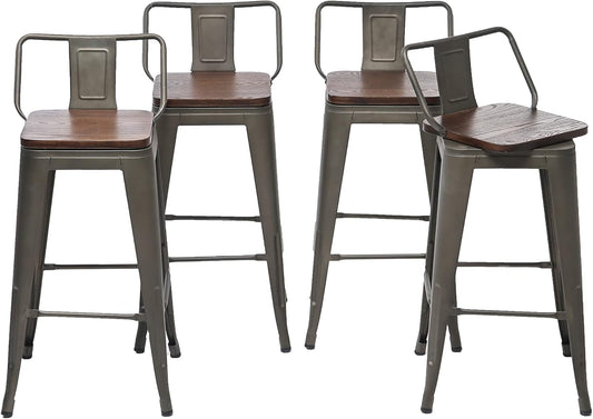 24 Inch Swivel Bar Stools Set of 4 with Backs Counter Height Industrial Metal Barstools Island Bar Chairs for Home Kitchen Dining Room (Swivel 24 inch,Rusty Wooden)