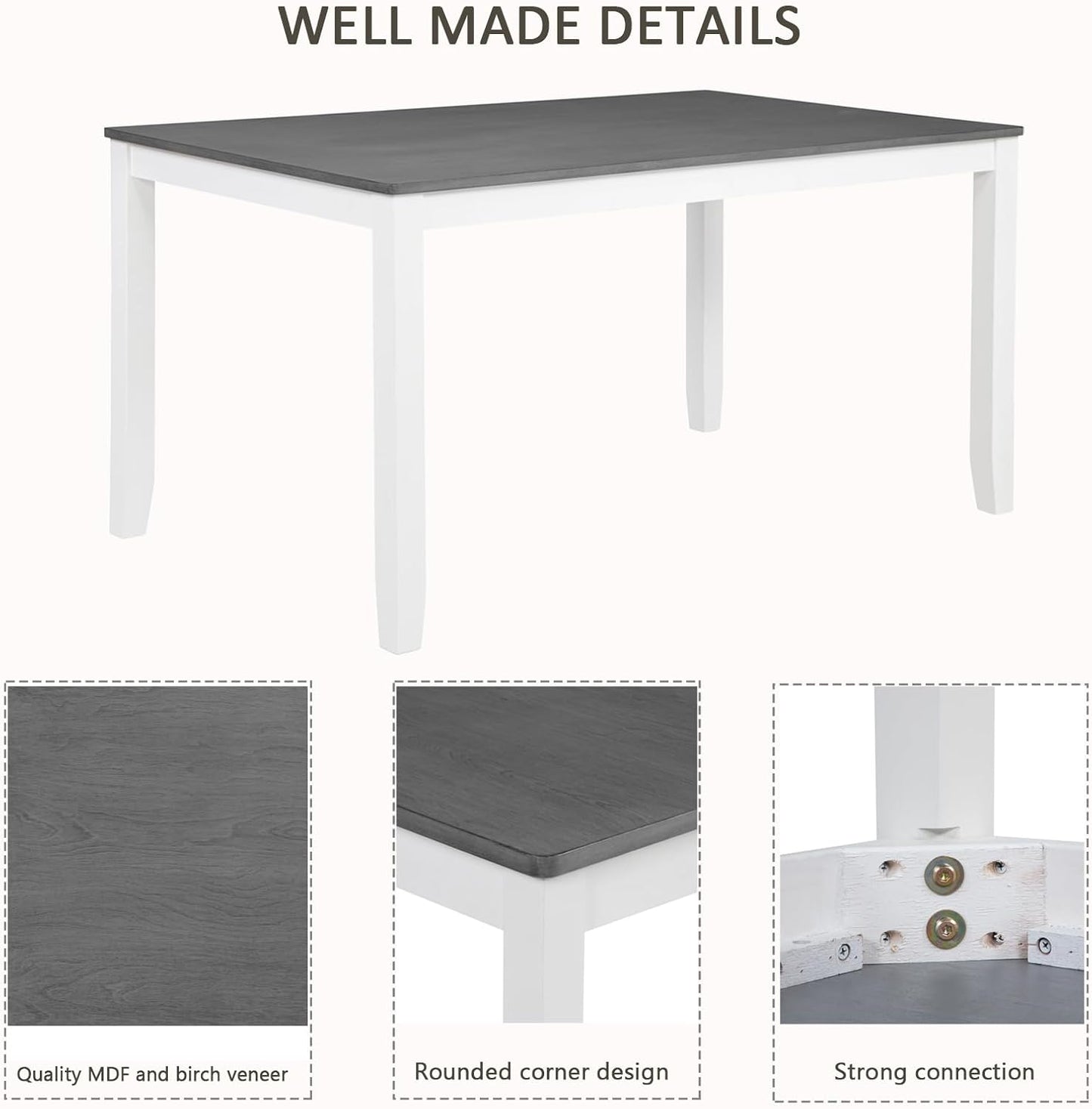 Ball & Cast 6 Piece Dining Table Set with 4 Upholstered Chairs & 1 Bench,Wooden Living Room Furniture for 6 W/ 58.5" Rectangle Kitchen Desk,for Dining Room,Home Bistro,Apartment,White+Gray