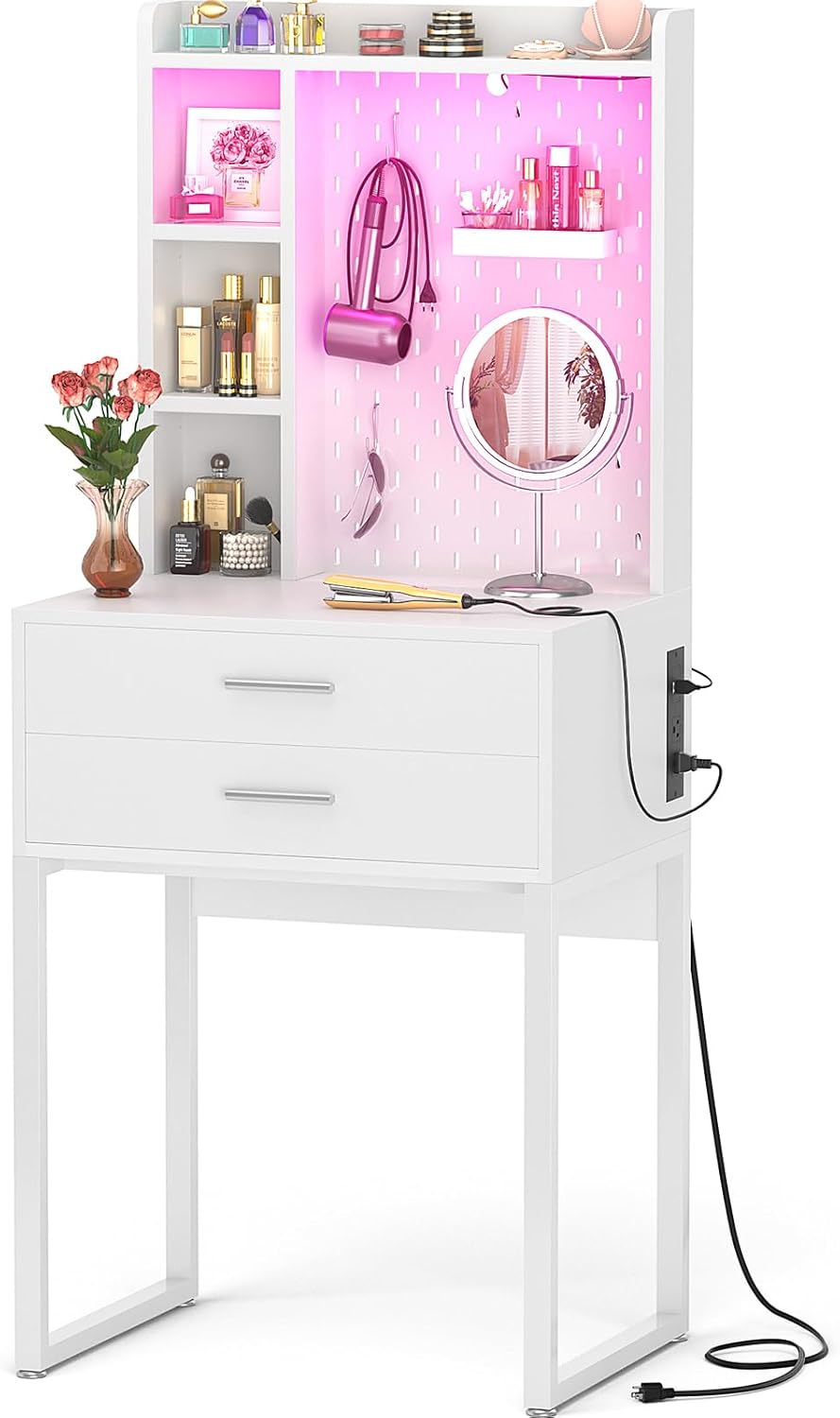 Small Vanity Desk with Hutch and Drawers, White Makeup Vanity Desk with Charging Station, Vanity Table Dressing Table with LED Lights, Vanity Desk No Mirror with Pegboard for Girls Women, 24"