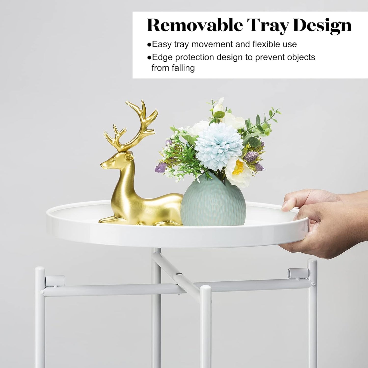 Danpinera 2 Tier Metal Side Table with Removable Tray - Round Accent Table, Anti-Rust White Nightstand for Bedroom, Balcony, Patio