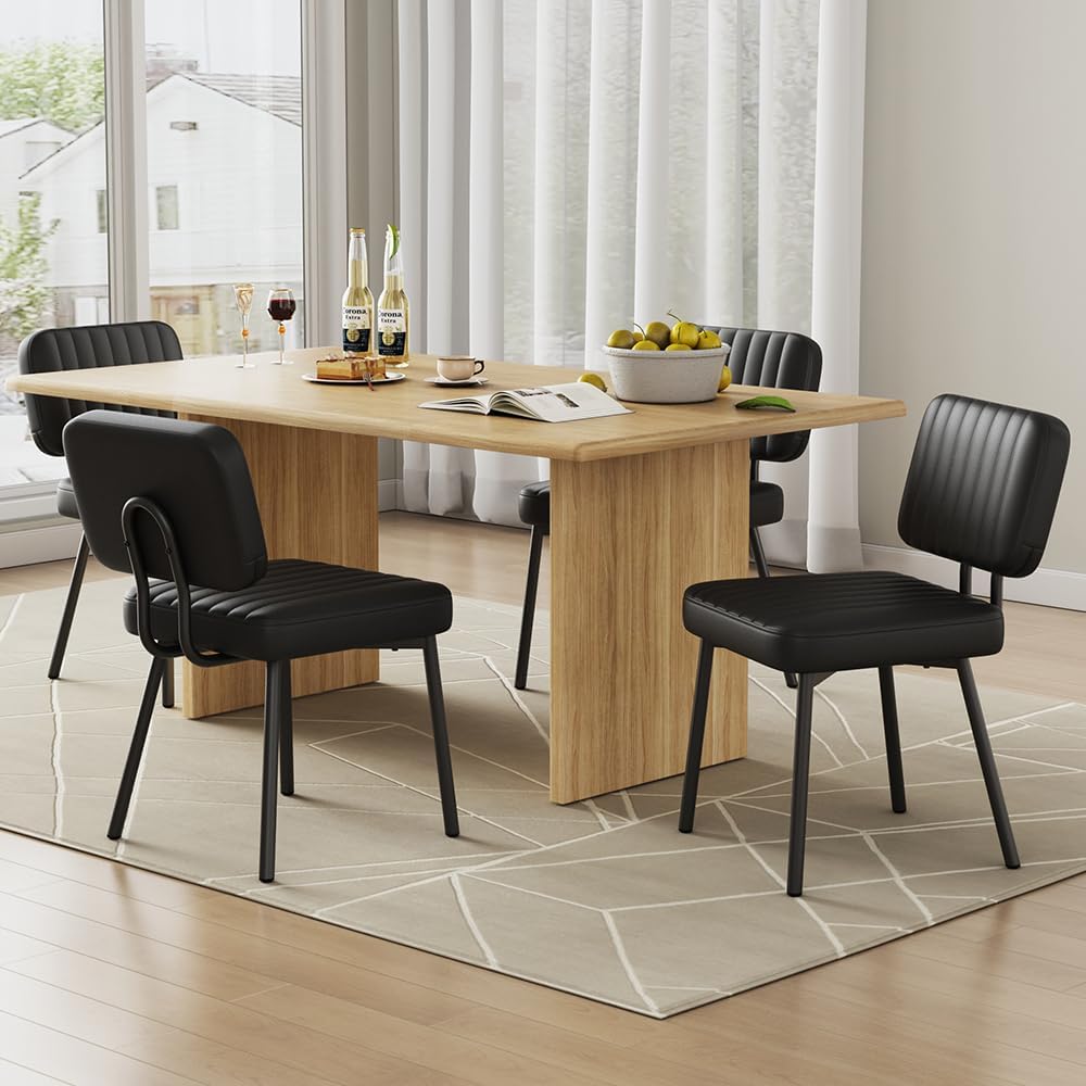 Dining Chairs Set of 4, Upholstered Mid Century Modern Kitchen Dining Room Accent Chairs with Faux Leather Cushion Seat & Metal Legs for Kitchen, Living Room (Black, Set of 4)