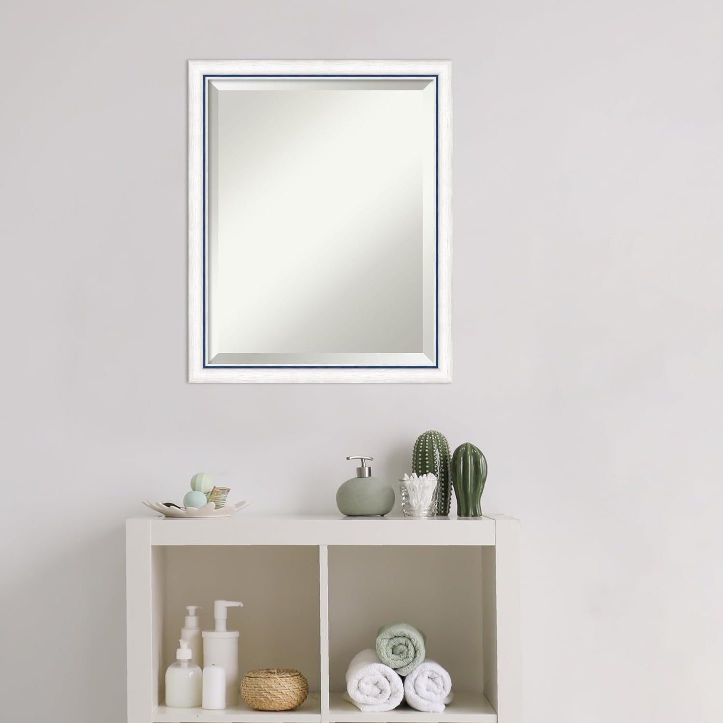 Amanti Art White Bathroom Mirror for Over Sink, 22x18 Morgan White Blue Rectangle Vanity Mirror, Small Modern Contemporary Wood Frame, Hangs Horizonally and Vertically, Bathroom Wall Decor, Beveled