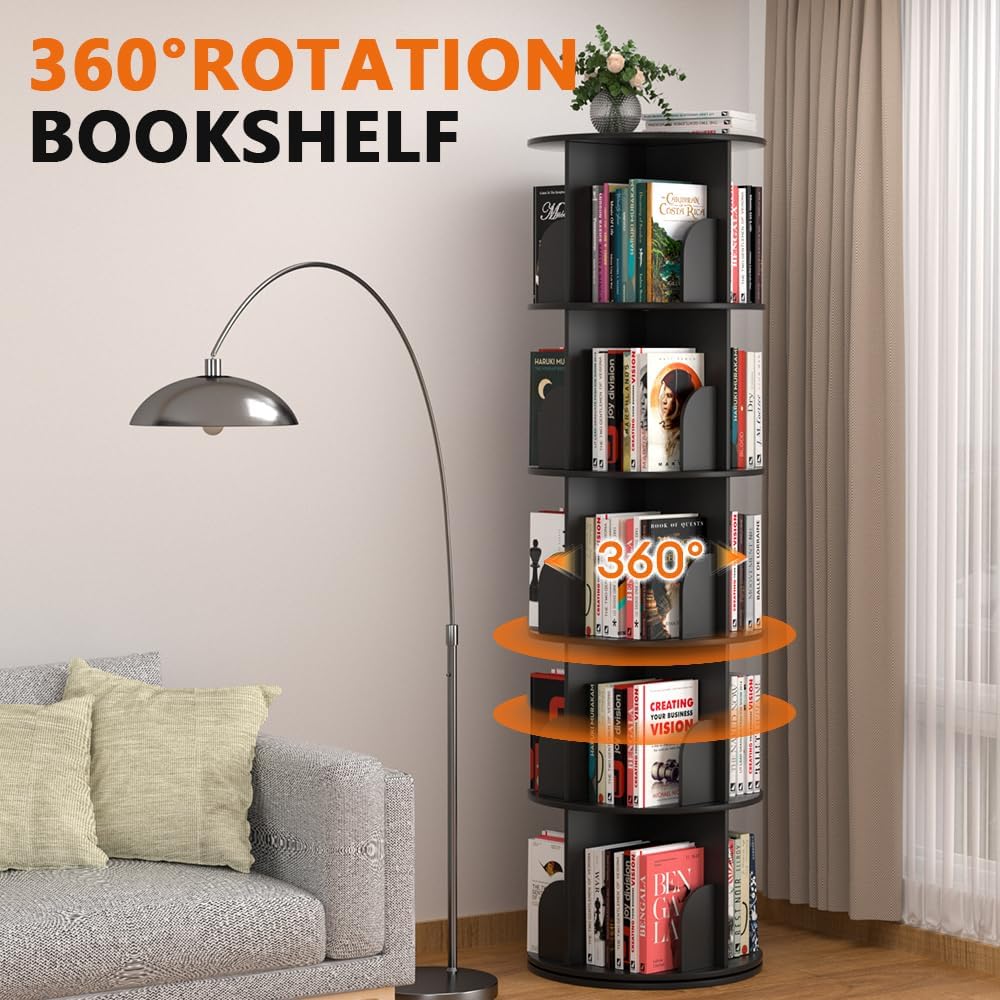 Nidouillet Rotating Bookshelf Tower, 5 Tier Spinning Bookcase Lazy Susan, Revolving 360 Book Shelf Storage Round Organizer, Vertical Rotate Turning Corner Book Case for Small Space, Black