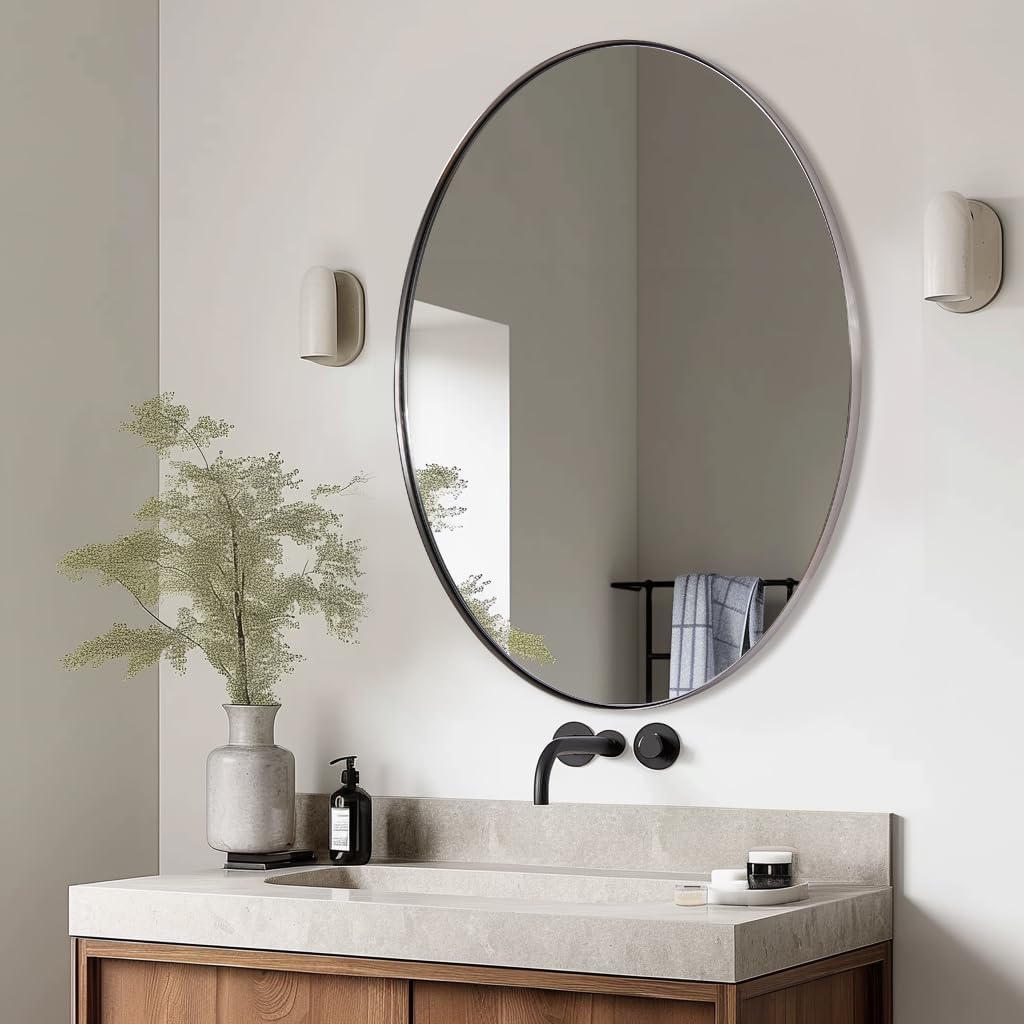 ANDY STAR Brushed Nickel Mirror Bathroom, 24x32 Inch Brushed Nickel Oval Mirror, Stainless Steel Metal Frame Oval Vanity Mirrors Hangs Horizontal or Vertical, Modern Style for Home