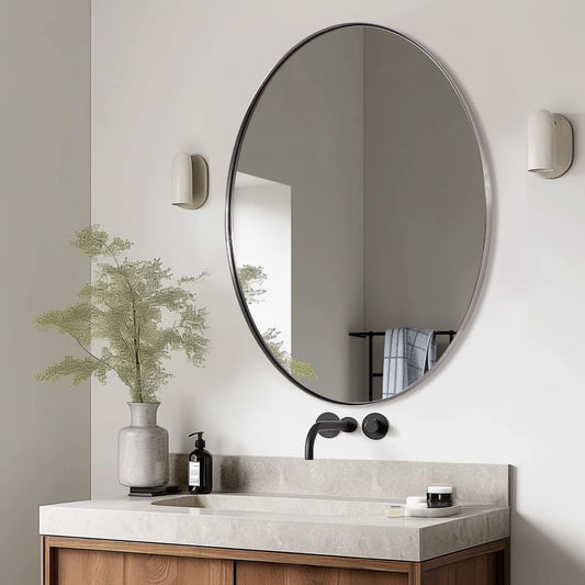 ANDY STAR Brushed Nickel Mirror Bathroom, 24x32 Inch Brushed Nickel Oval Mirror, Stainless Steel Metal Frame Oval Vanity Mirrors Hangs Horizontal or Vertical, Modern Style for Home