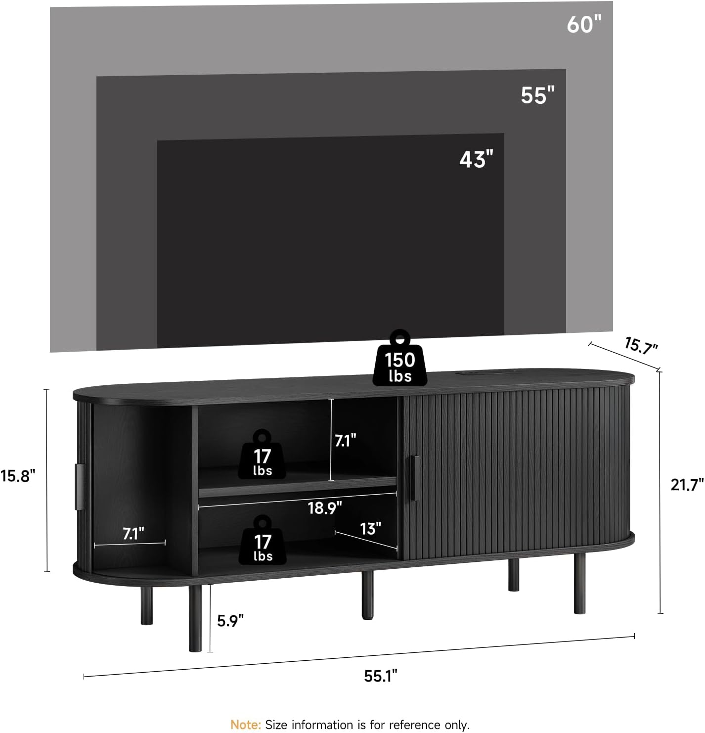 55" TV Stand with Power Outlet, Modern Media Console with Sliding Doors, Entertainment Center for TVs up to 60 Inch, Adjustable Shelves, Black