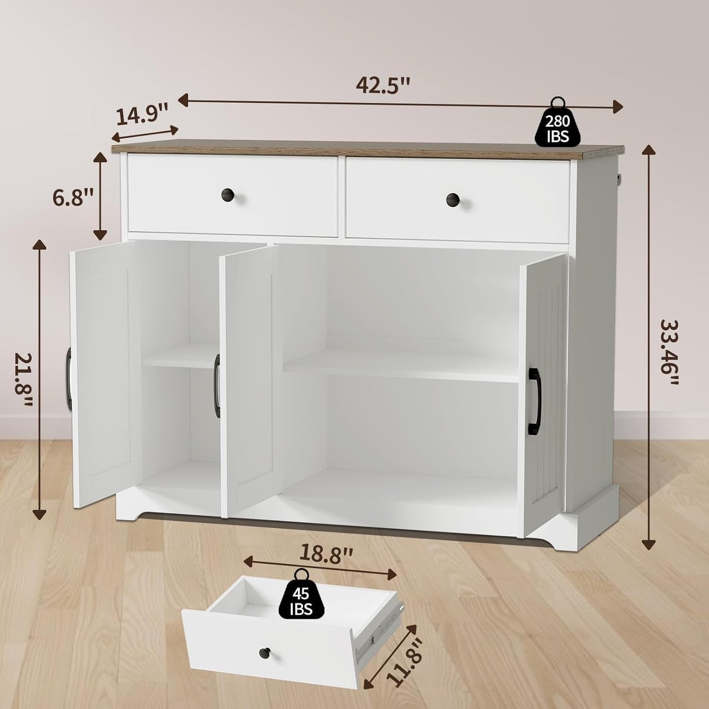 Farmhouse Large Buffet Sideboard Storage Cabinet 42 Inch with Adjustable Shelf, Drawers, and Sliding Barn Doors, Wooden Coffee Bar Kitchen Table for Entryway, Dining Room, and Living Room