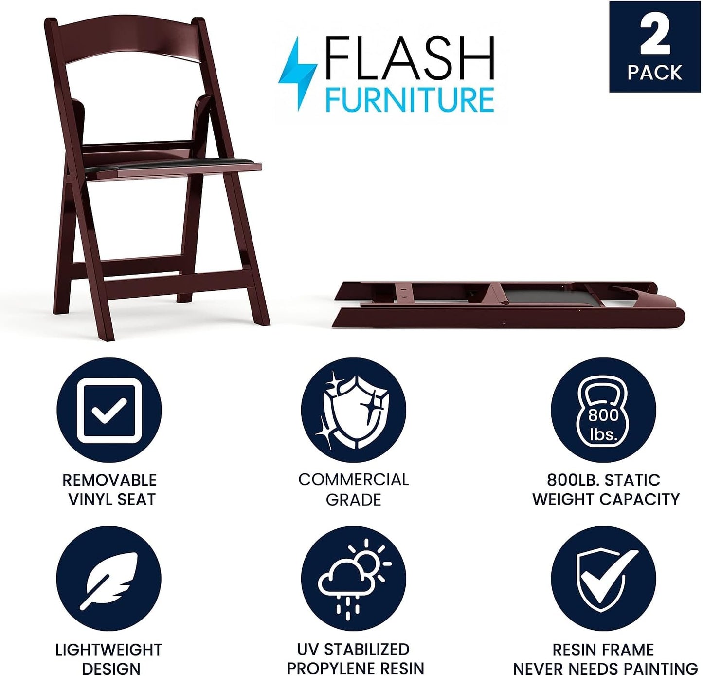 Flash Furniture Hercules Series Folding Chair - Red Mahogany Resin – 2 Pack 800LB Weight Capacity Comfortable Event Chair - Light Weight Folding Chair