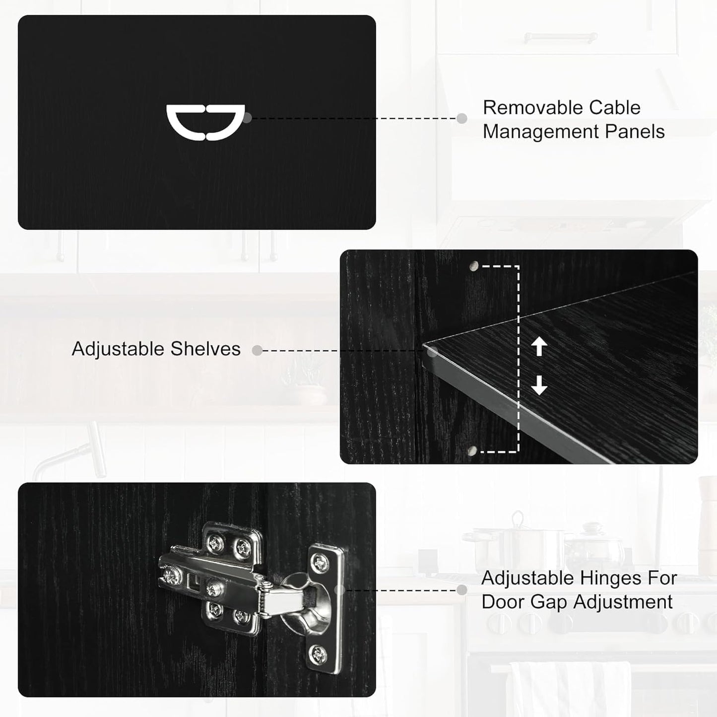 Buffet Cabinet, 4-Doors Sideboard Cabinet with Rattan Panels, Buffet Console Accent Table for Hallway Entryway Dining Room, 62", Black